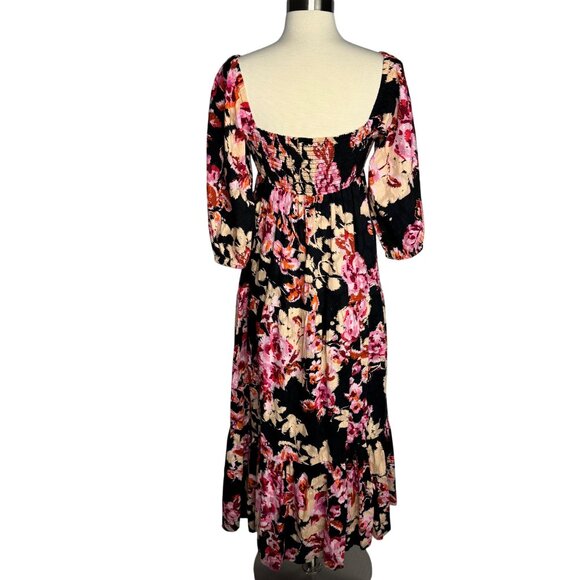 Anthropologie 100% Cotton Boho Black Floral Pink Maxi‎ Dress Balloon Sleeve - Picture 12 of 16